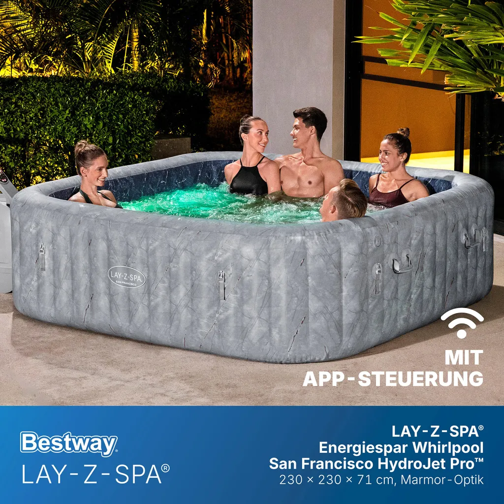 1bd332f4465f410c881f10b8ddea86a2 Bestway® LAY-Z-SPA® Energiespar-Whirlpool San Francisco HydroJet Pro™ mit App-Steuerung, für 7 Personen 230 x 230 x 71 cm, Marmor-Optik (Samtgrau) – Bild 1